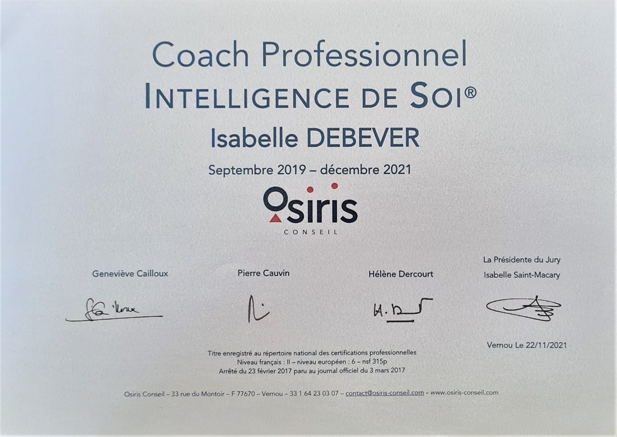Diplôme Coach Professionnel Intelligence de Soi®, titre RNCP délivré à Isabelle Debever par Osiris Conseil en 2021