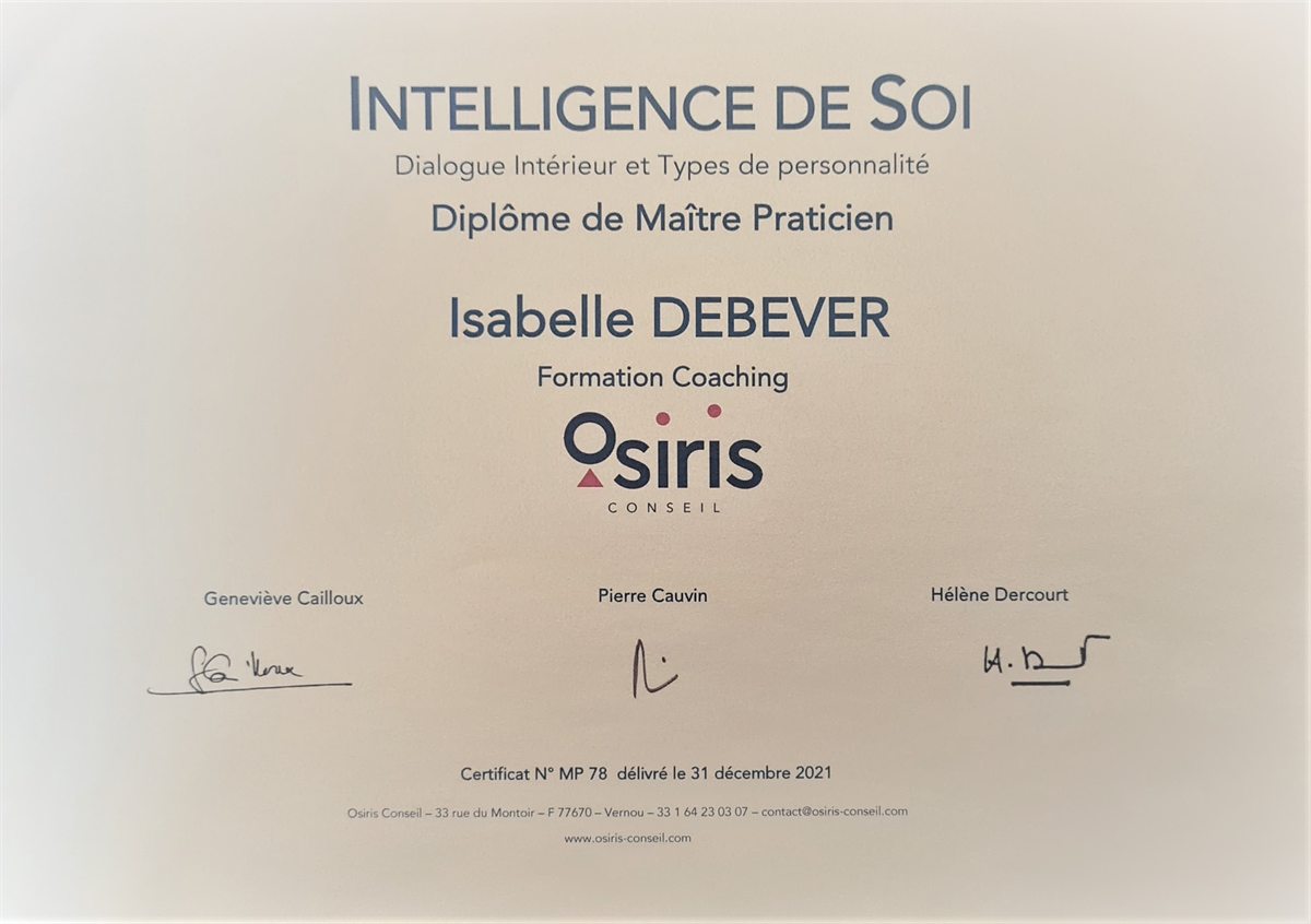 Diplôme de Maître Praticien Intelligence de Soi® délivré à Isabelle Debever par Osiris Conseil en 2021