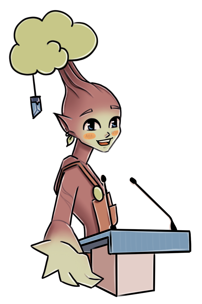 Aria, la mascotte d'Isabelle Debever, à un pupitre de conférence